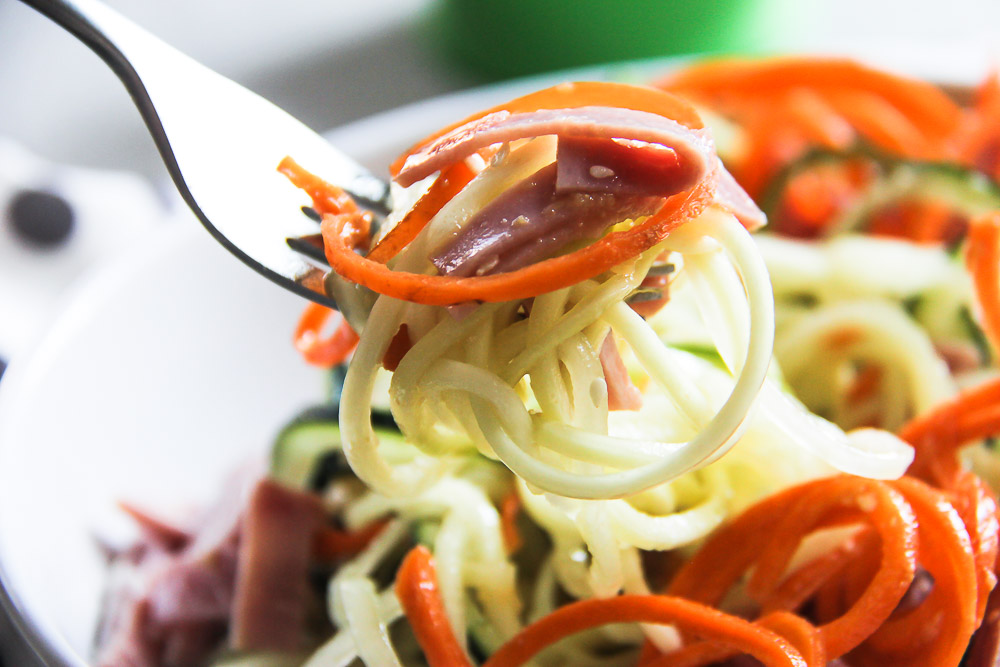 Zoodle Salad with Miso Dressing - a homemade take out recipe for low carb comfort food. On the table in less than 30 minutes too.