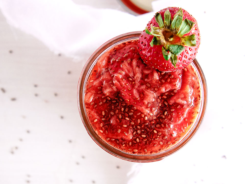 Strawberry Chia Jam is the perfect, sweet, and fresh addition to your toast, bagel, or muffin. Of course, it’s delicious all on its own but, definitely will do a great job of jazzing up other foods as well. Chia seeds add a delicious and healthy aspect to this delightfully easy spread.