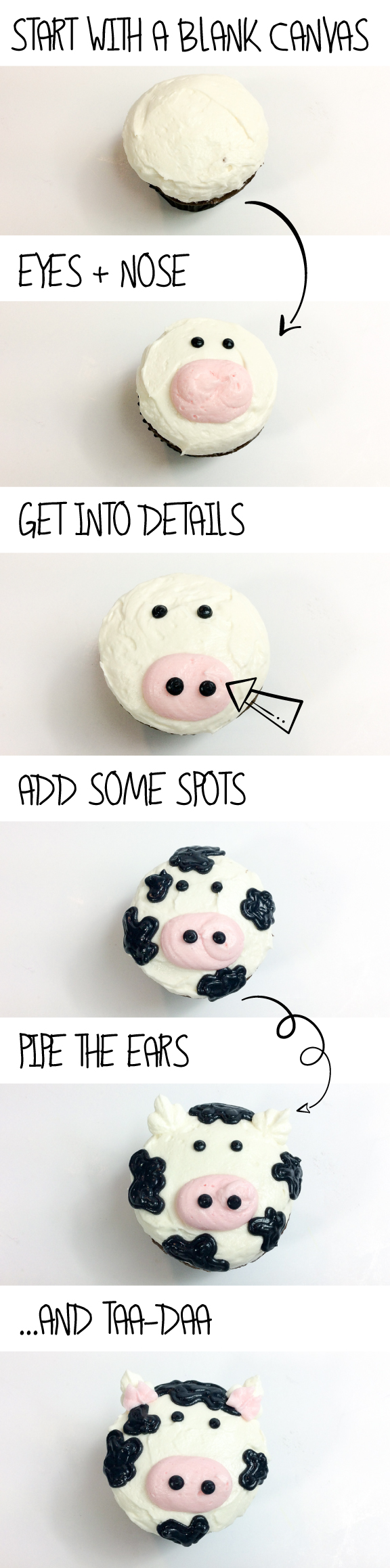 The cutest Moo-Cow Cupcake! Perfect for a barnyard themed birthday party or county fair and they will be a hit among kids. Follow these simple step-by-step instructions to create an udder-ly adorable cow cupcake.
