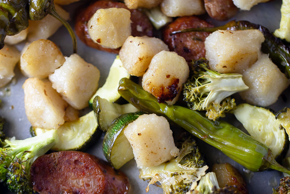 Sheet Pan Cauliflower Gnocchi and Roasted Vegetables. The most easy and crispy cauliflower gnocchi made in the oven in just under 30 minutes. A healthy meal that is so easy to throw together!