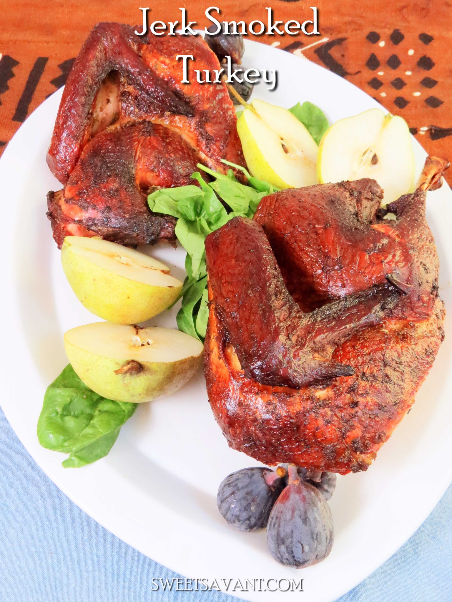 Rub your turkey with some homemade Jamaican style jerk marinade, fire up the grill and celebrate the holiday with a little Island style. Jerk smoked turkey gets some heat from Scotch bonnet peppers, a VERY hot pepper with fruity flavor. Scotch bonnet peppers are quite a bit hotter than jalapeños add them with care if you want to keep your taste buds intact.