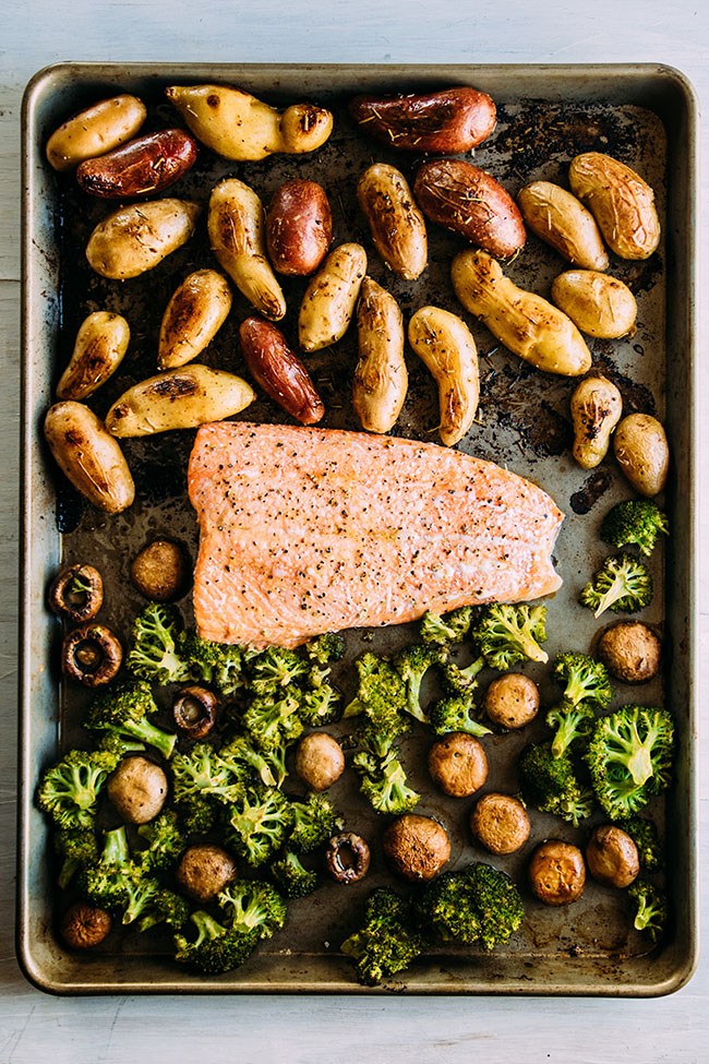 SHEET PAN SALMON WITH ROASTED FINGERLING POTATOES