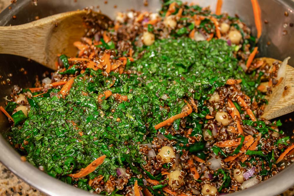 Quinoa Chickpea Salad with Cilantro Dressing. A fresh vegetarian salad loaded with protein, fiber, and flavorful combination.