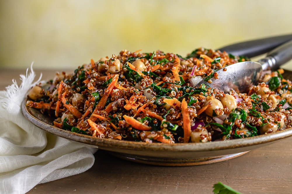 Quinoa Chickpea Salad with Cilantro Dressing. A fresh vegetarian salad loaded with protein, fiber, and flavorful combination.